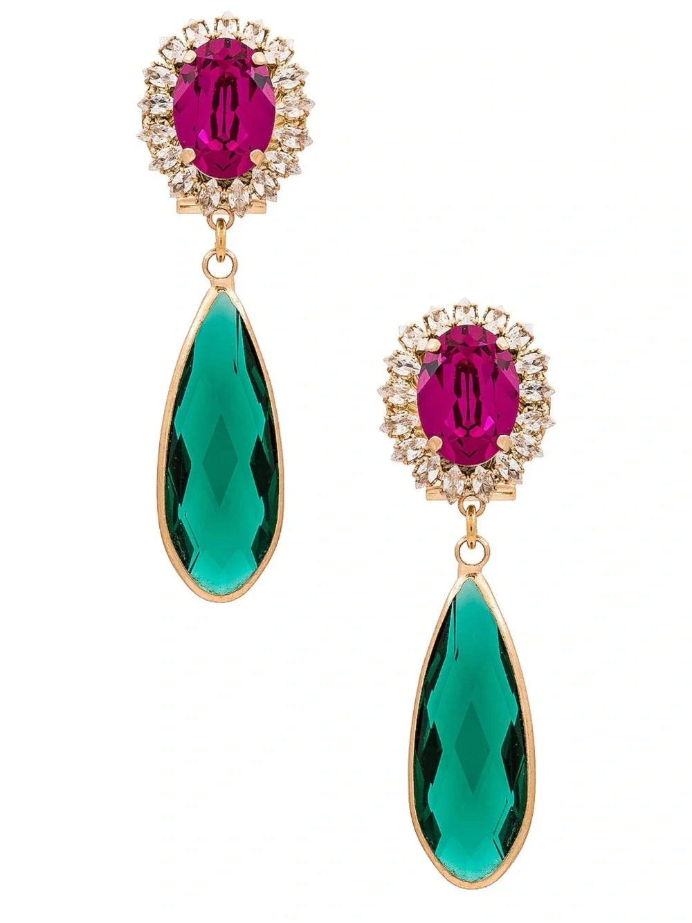 Gold-Tone Drop Earrings with Fuchsia and Emerald Crystals